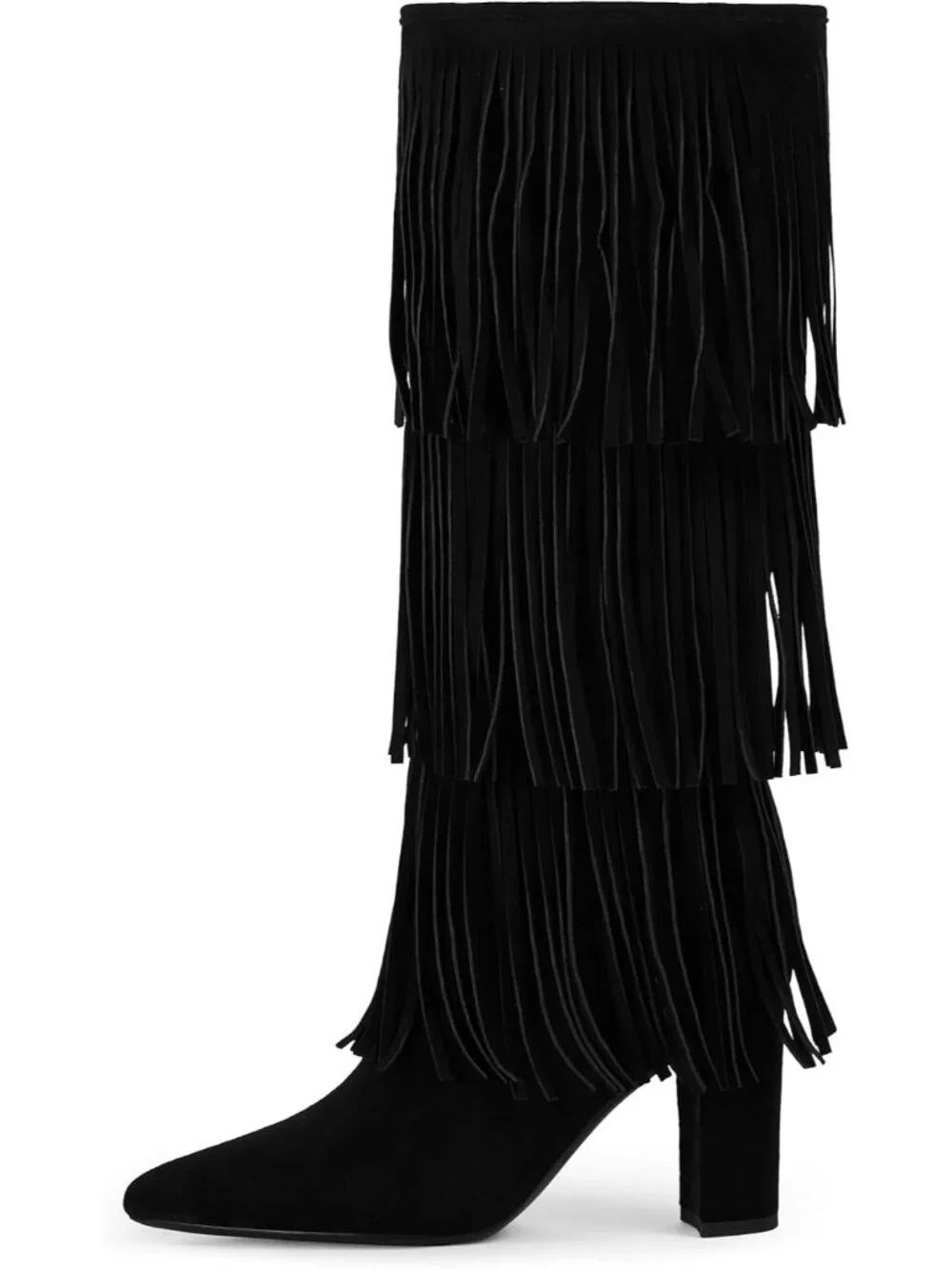 Women Black Fringe Pointed Toe Chunky Heel Faux Leather Over The Knee High Boots
